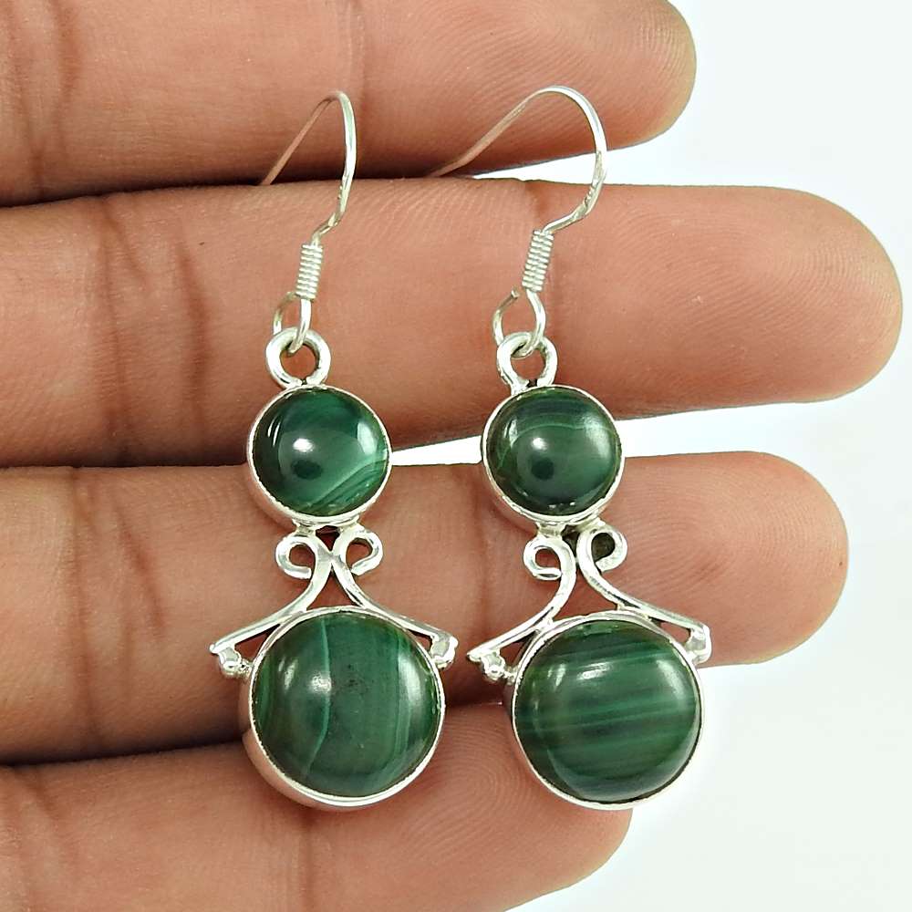 Stylish Malachite Gemstone 925 Sterling Silver Dangle Earrings Jewellery
