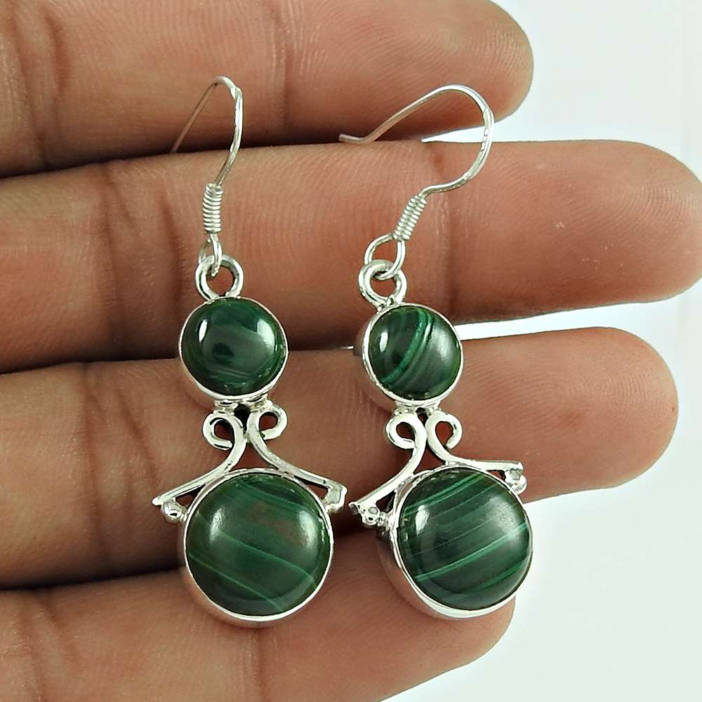 Dainty Malachite Gemstone 925 Sterling Silver Vintage Earrings Jewellery