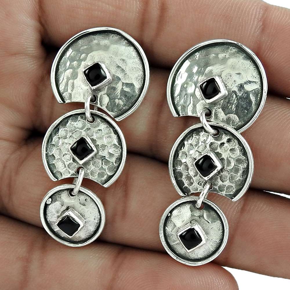 Gift For Her 925 Silver Natural Onyx Gemstone Dangle Vintage Earrings E33