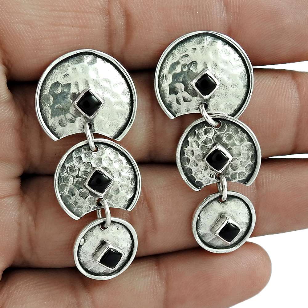 Natural Onyx Gemstone 925 Silver Dangle Vintage Earrings For Women G33