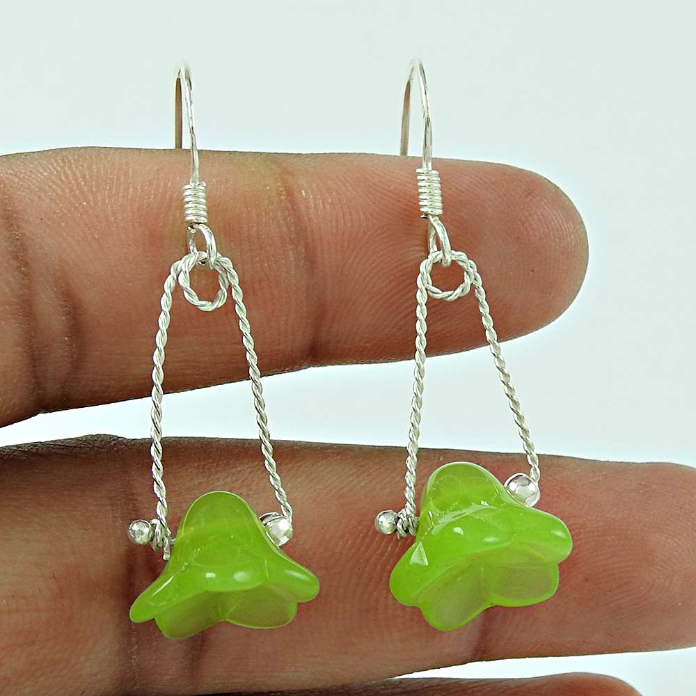 Natural Prehnite Gemstone Dangle Ethnic Earrings 925 Sterling Silver F34