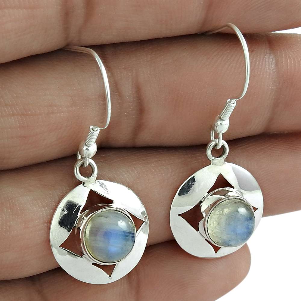 Natural Rainbow Moonstone 925 Silver Dangle Tribal Earrings For Women I34