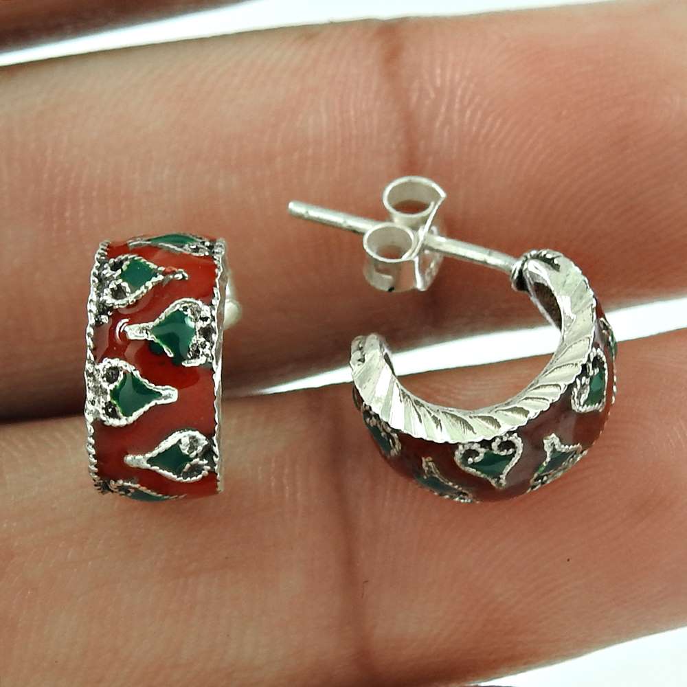 Handmade Indian Jewelry 925 Solid Sterling Silver Hoop Enamel Earrings T1