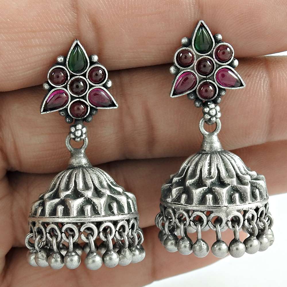 Lustrous Green Onyx Ruby Gemstone 925 Sterling Silver Jhumki Ethnic Jewelry