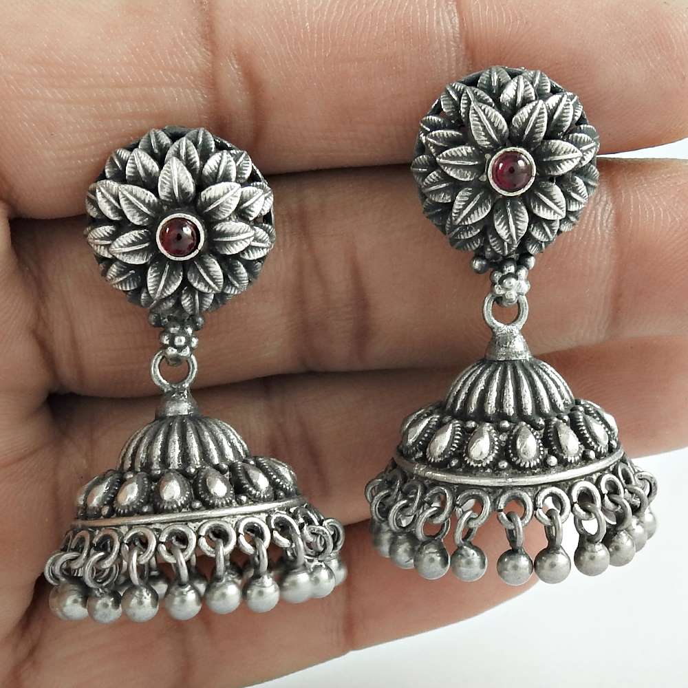 Amusable Garnet Gemstone 925 Sterling Silver Jhumki Jewelry