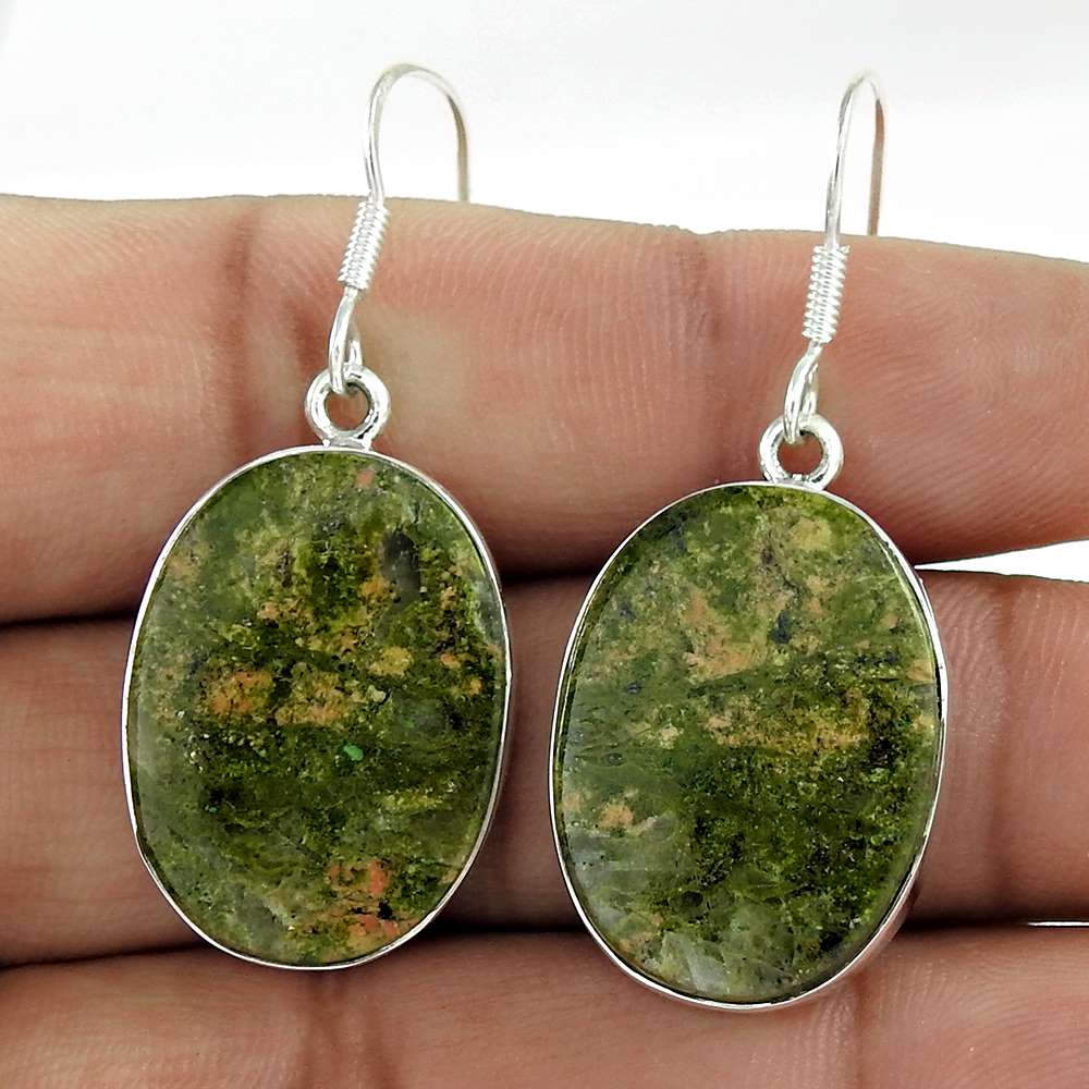 Natural Unakite Gemstone 925 Silver Dangle Boho Earrings For Girls T3