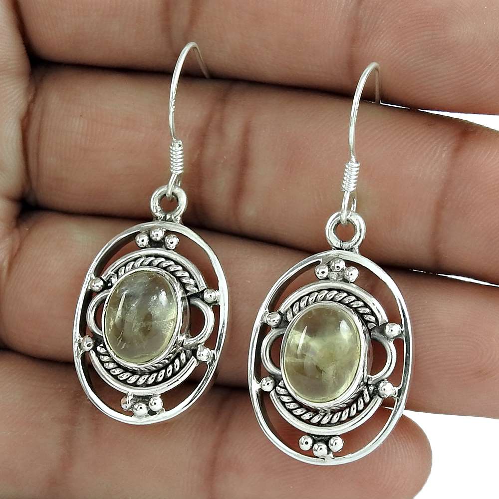 Natural Prehnite Gemstone 925 Silver Dangle Boho Earrings For Girls L37