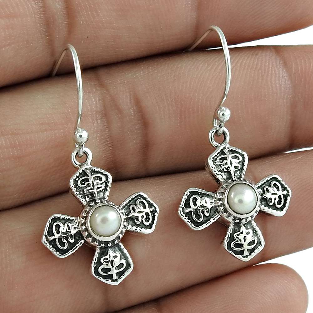 Natural Pearl Gemstone 925 Silver Dangle Bohemian Earrings For Women T37