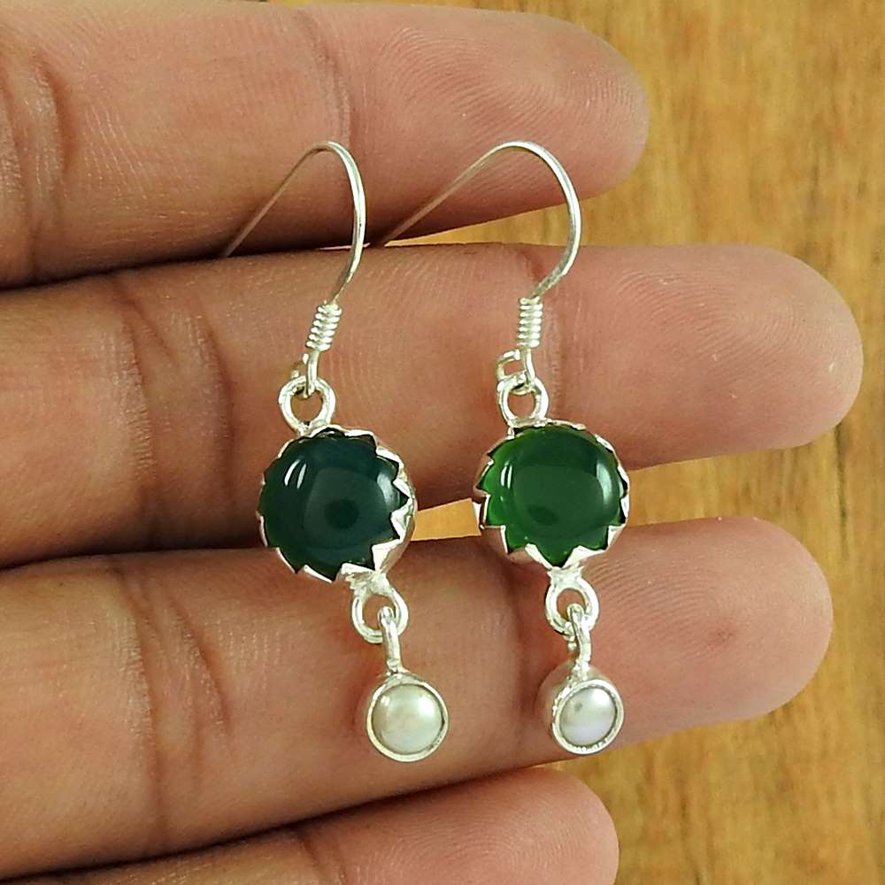 Dainty 925 Sterling Silver Green Onyx Pearl Gemstone Earring Vintage Jewellery
