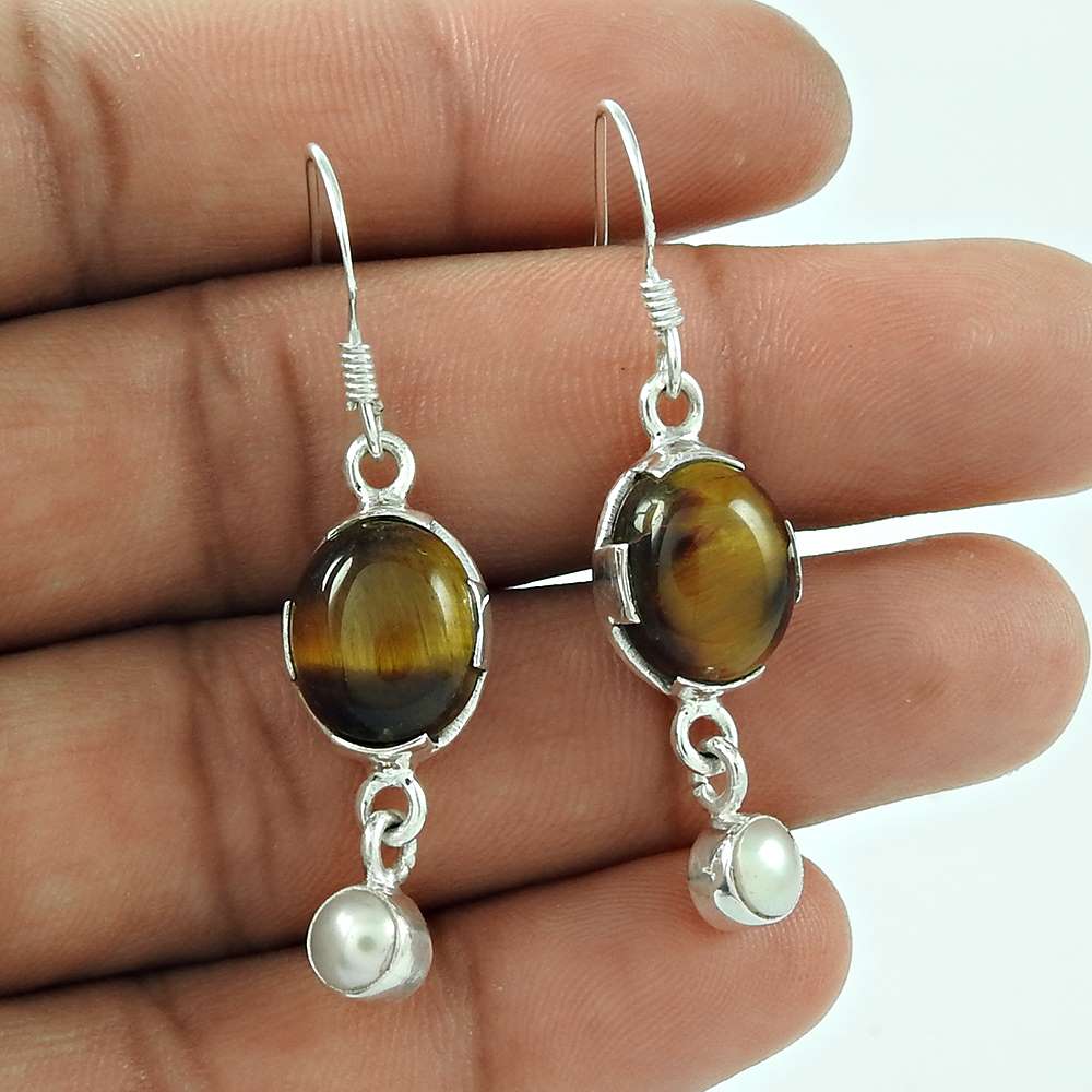 925 Sterling Silver Antique Jewelry Designer Tiger Eye Pearl Gemstone Earrings