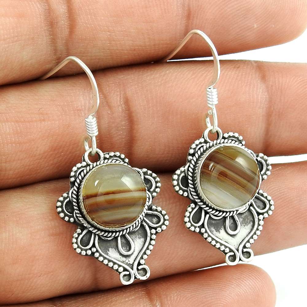 Natural Striped Onyx Dangle Ethnic Earrings 925 Silver For Girls I38