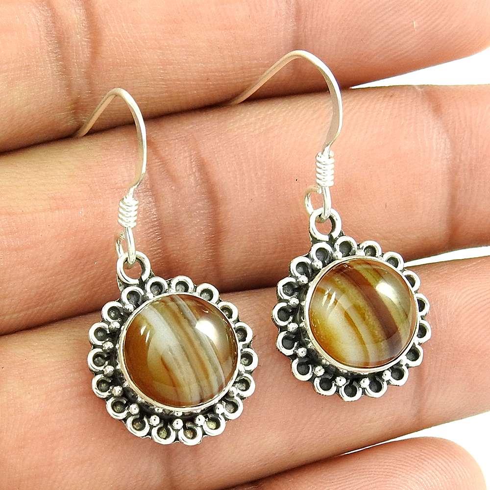 Natural Striped Onyx Gemstone 925 Silver Dangle Boho Earrings For Girls K38