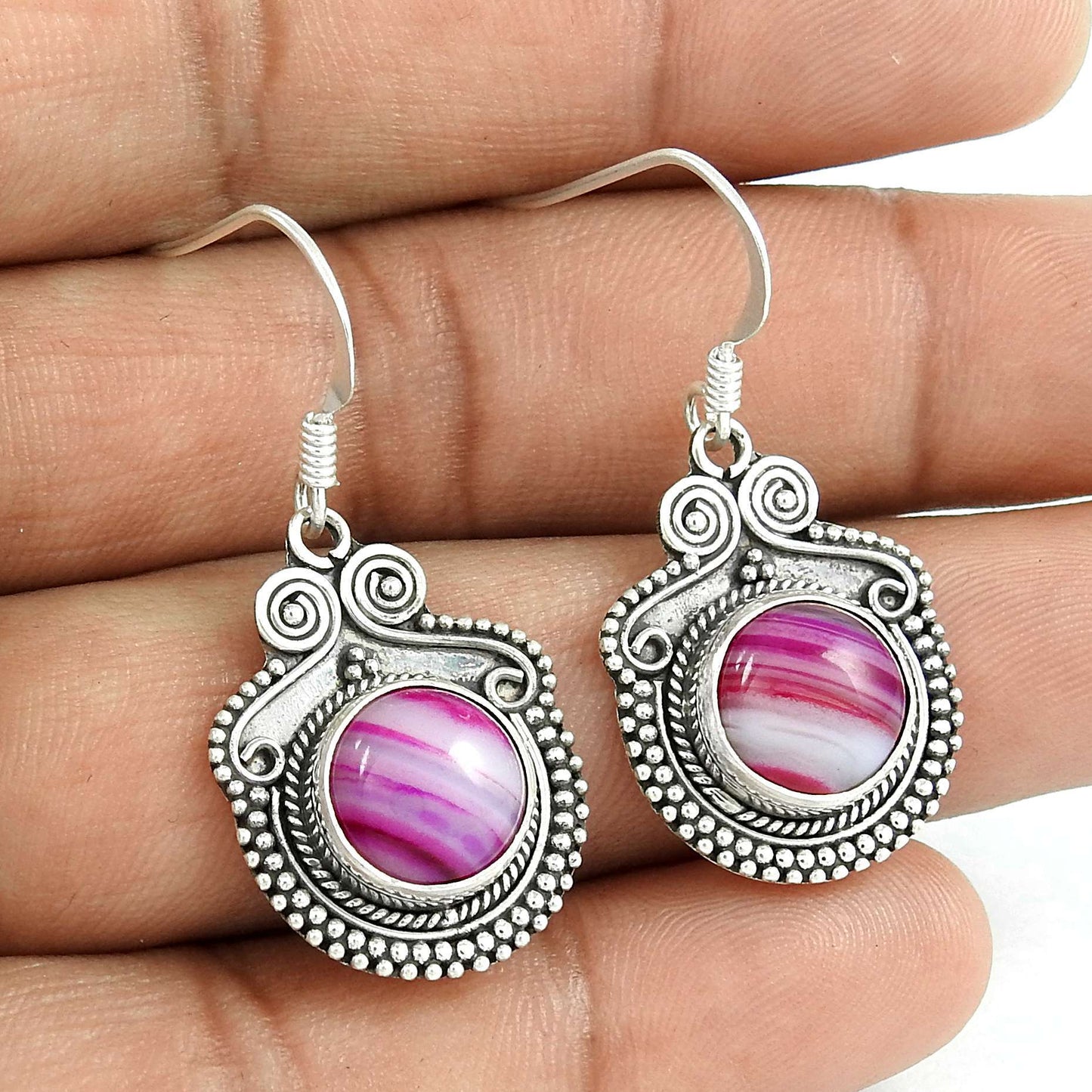 Natural Striped Onyx Gemstone Dangle Bohemian Earrings 925 Silver L38