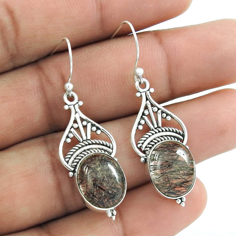 Natural Black Rutile 925 Silver Dangle Bohemian Earrings For Girls K36