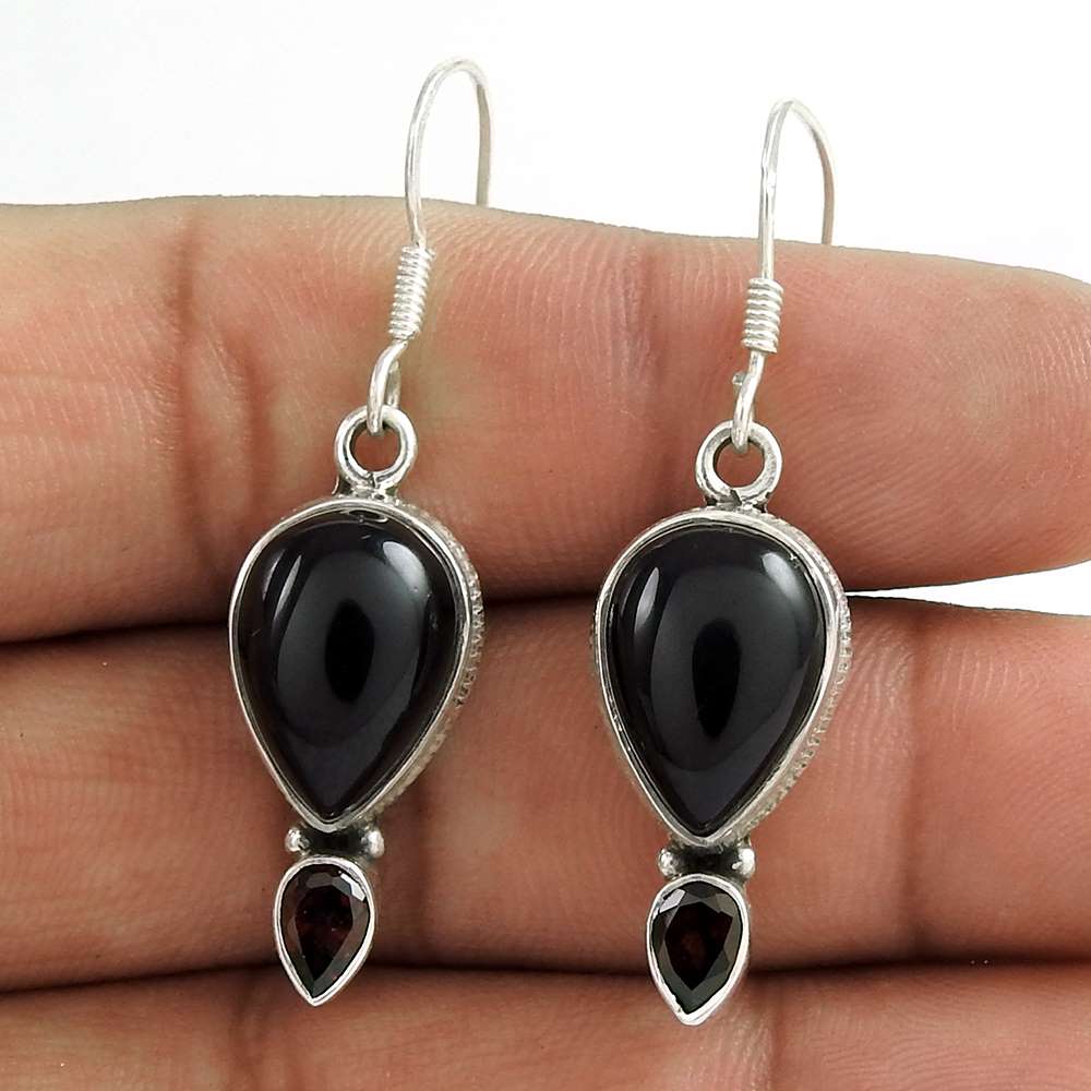 925 Sterling Silver Indian Jewellery Beautiful Garnet Black Onyx Gemstone Earrings