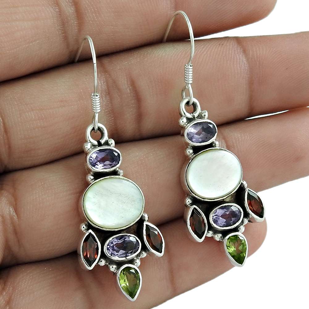 Natural Mother Of Pearl 925 Silver Dangle Vintage Earrings For Women B21