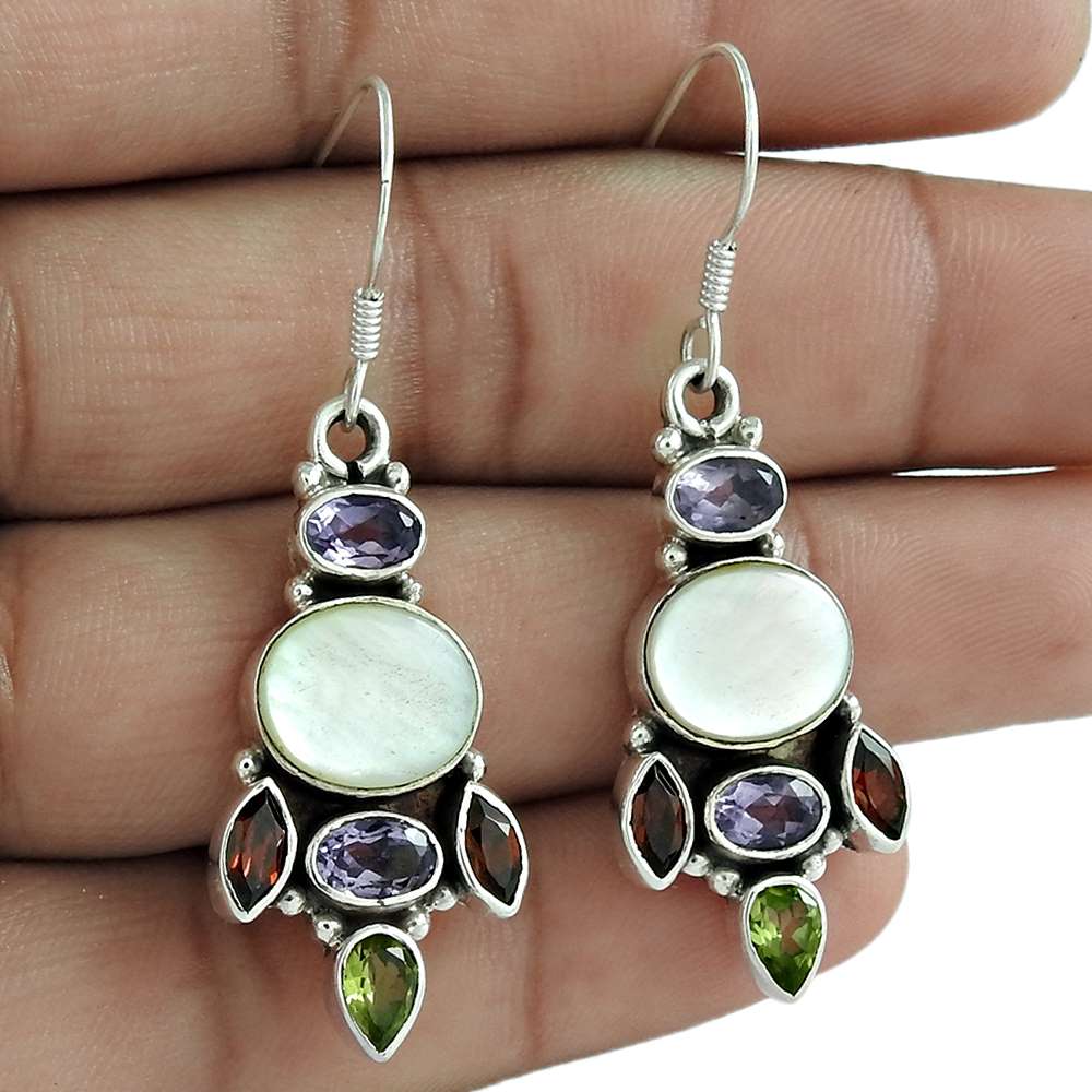 Natural Mother Of Pearl 925 Silver Dangle Vintage Earrings For Women J39
