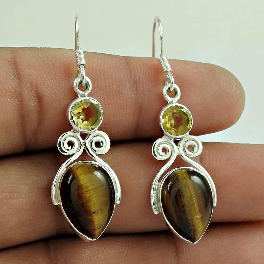 925 Sterling Silver Jewellery Fashion Tiger Eye Citrine Gemstone Earrings