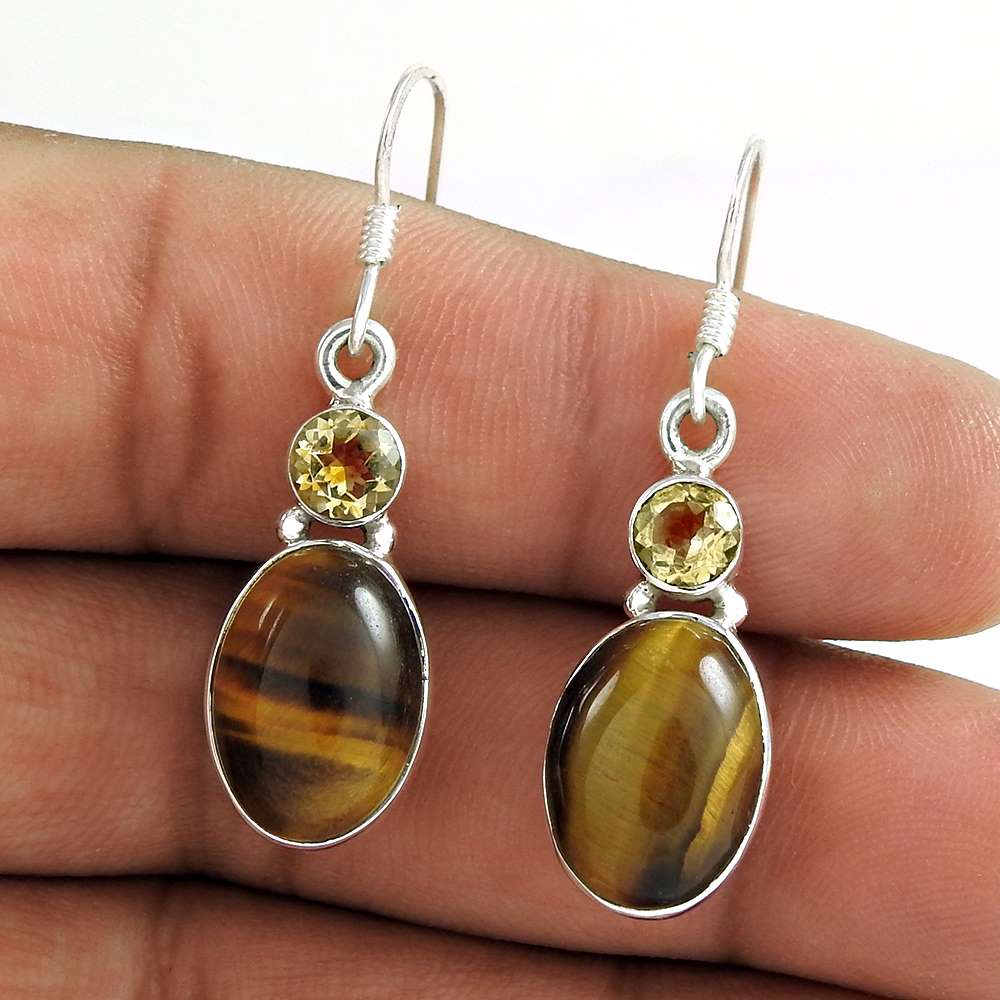 925 Sterling Silver Indian Jewellery Charming Tiger Eye Citrine Gemstone Earrings