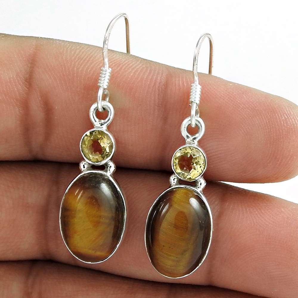 Gift For Her Natural Tiger'S Eye Dangle Vintage Earrings 925 Silver N40