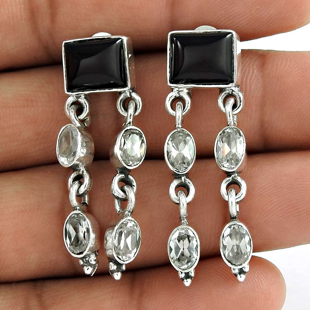 Birthday Gift For Her Natural Onyx Dangle Tribal Earrings 925 Silver S40