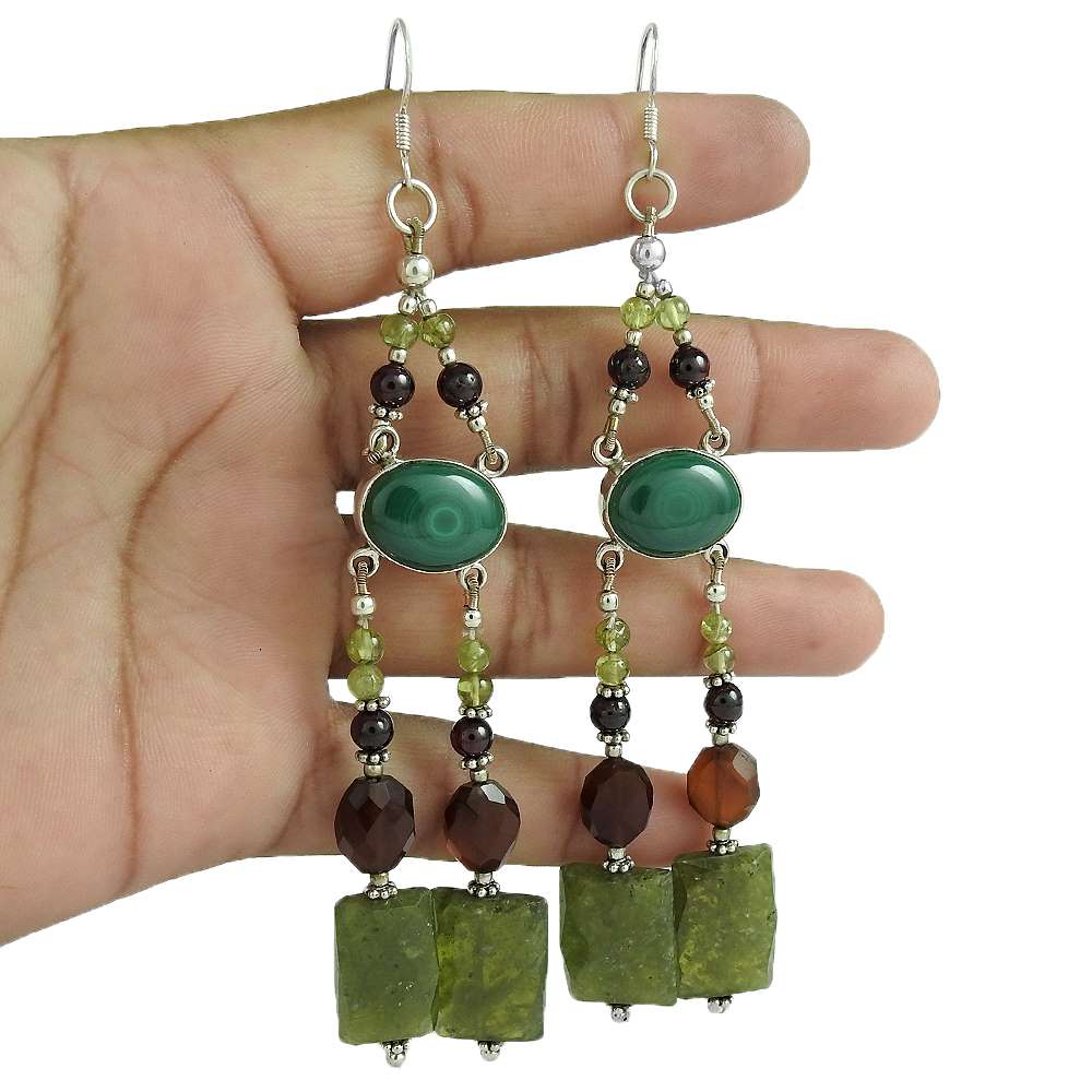 Natural Prehnite Gemstone Dangle Ethnic Earrings 925 Sterling Silver J40