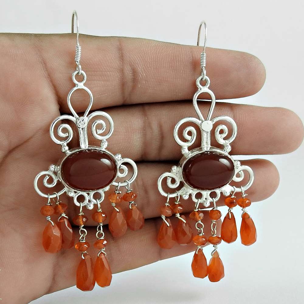 Natural Carnelian Gemstone 925 Silver Dangle Boho Earrings For Women X40