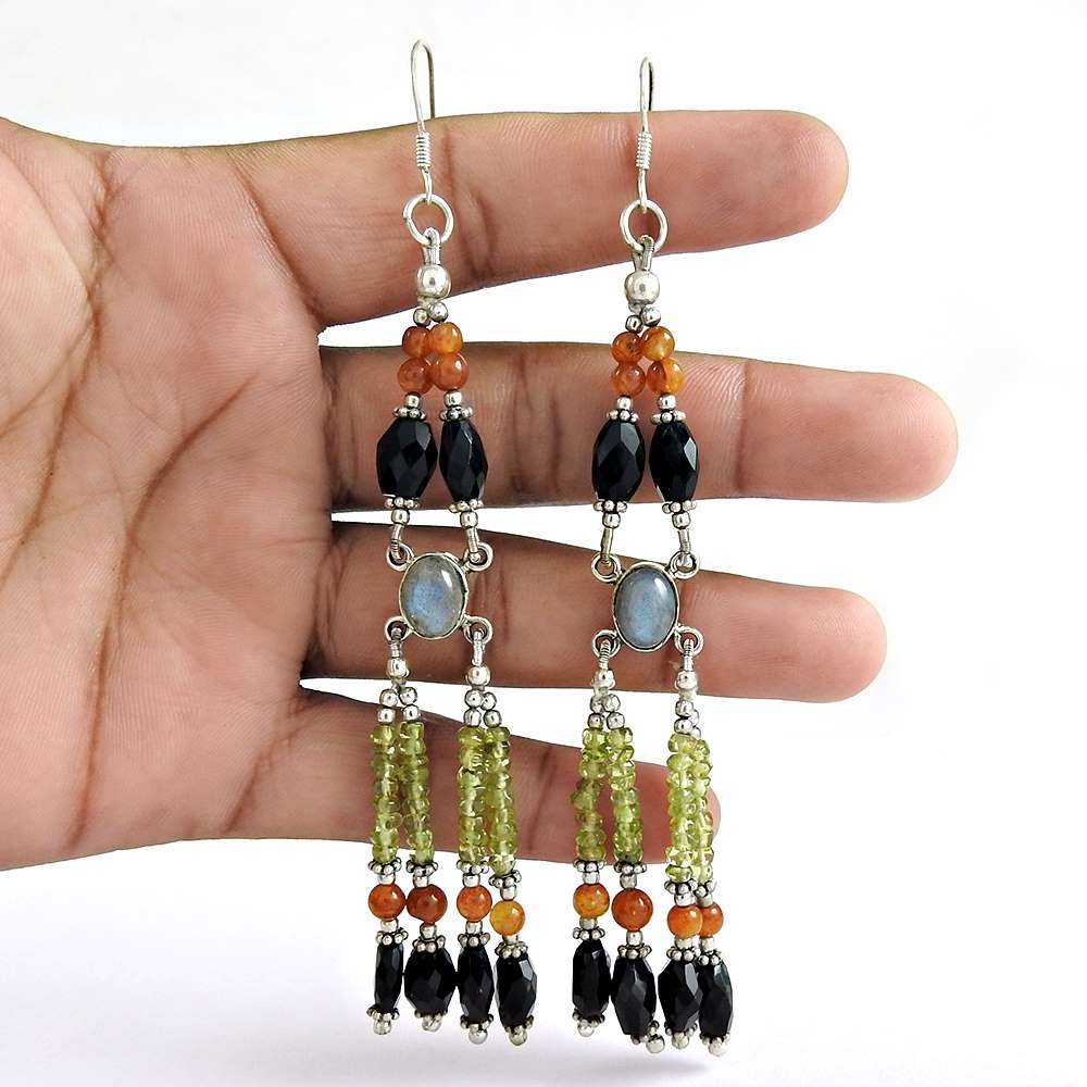 Natural Black Onyx Gemstone 925 Silver Dangle Tribal Earrings For Girls A41