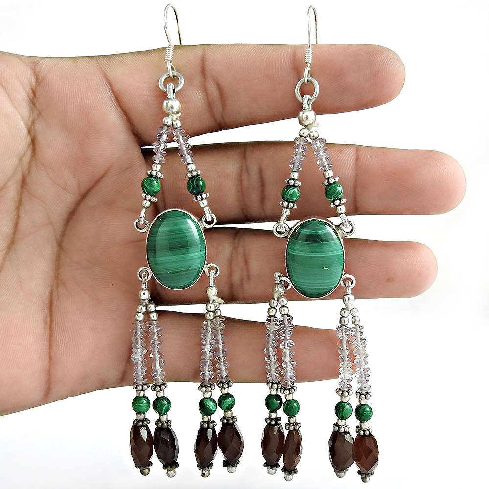 Natural Malachite Gemstone Dangle Boho Earrings 925 Silver For Women G41
