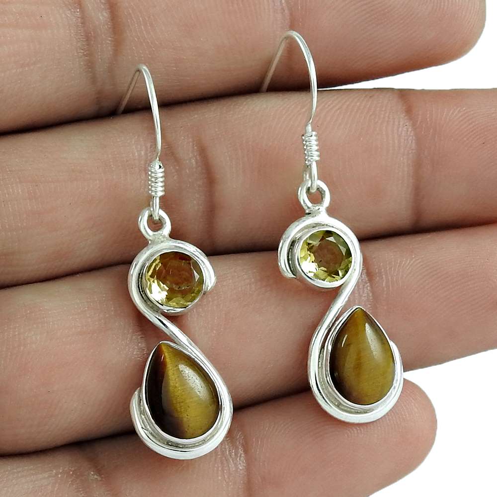 Natural Tiger'S Eye Gemstone 925 Silver Dangle Boho Earrings For Girls J41