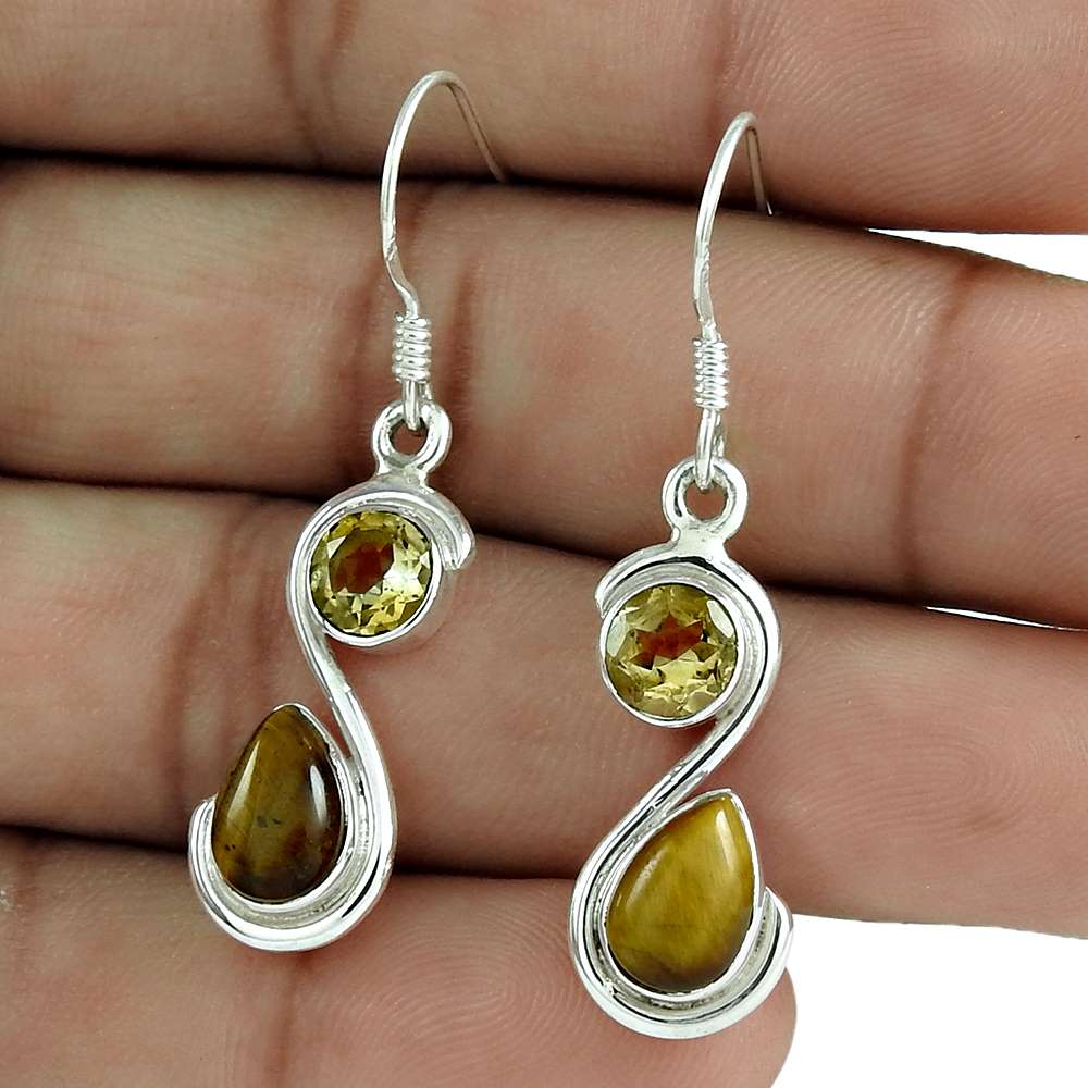 Natural Tiger'S Eye Gemstone Dangle Tribal Brown Earrings 925 Silver L41