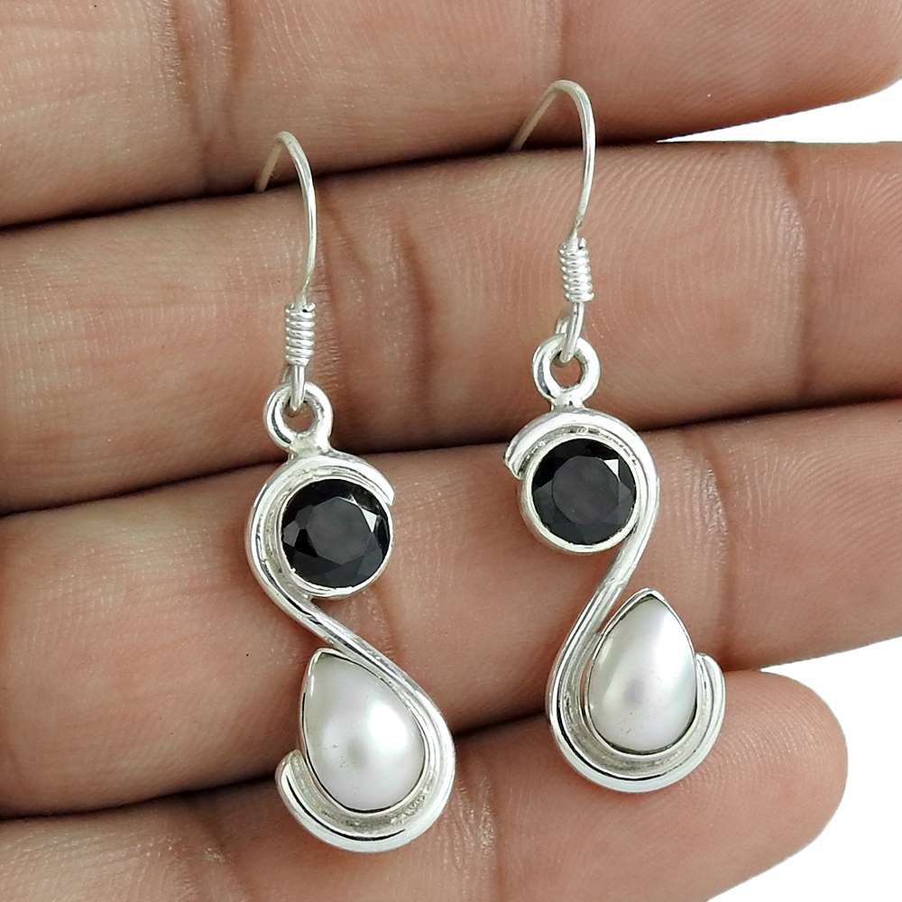 Wedding Gift For Her 925 Silver Natural Onyx Dangle Vintage Earrings O41