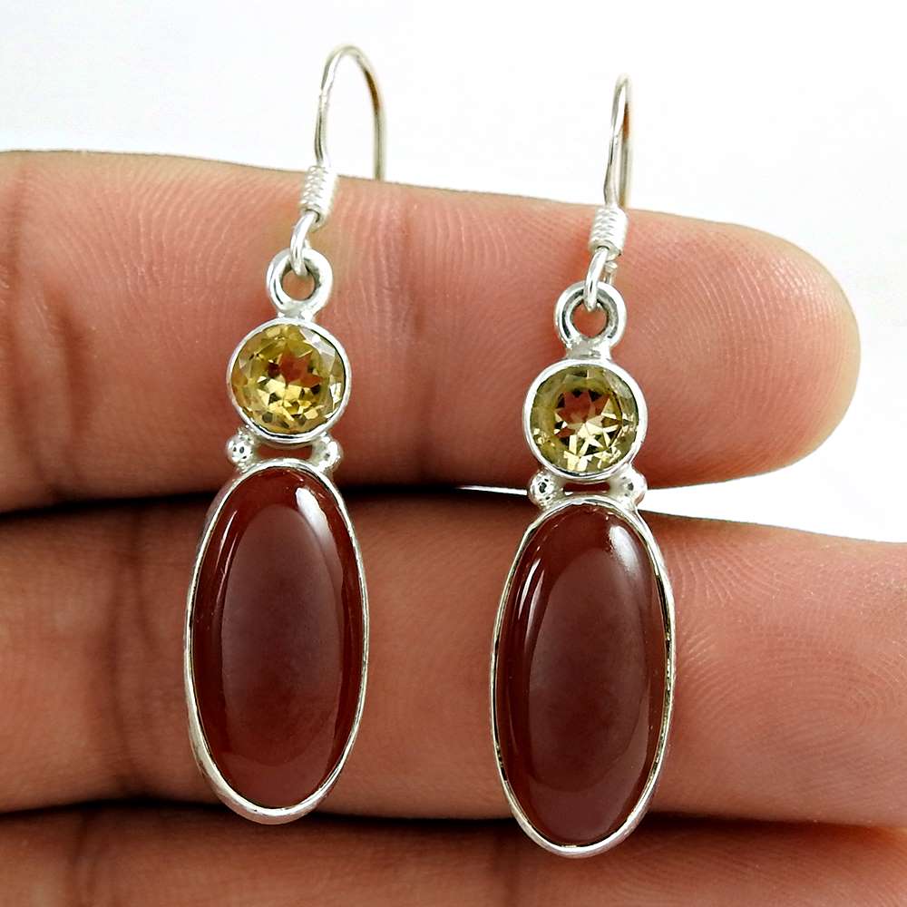 Very Delicate Red Onyx Citrine Gemstone Sterling Silver Earrings Jewellery Exporter