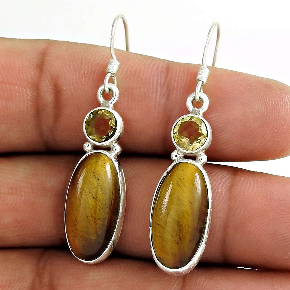 925 Sterling Silver Gemstone Jewellery Trendy Tiger Eye Lemon Topaz Gemstone Earrings