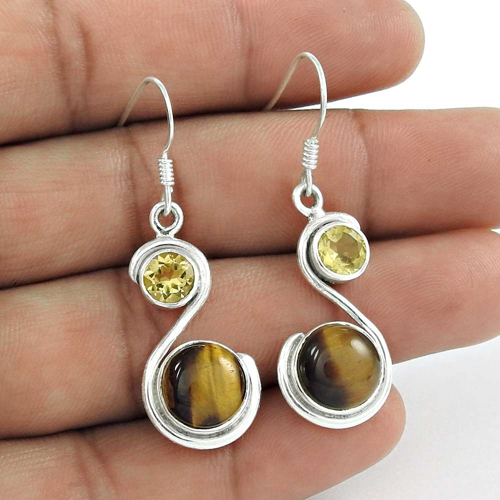 925 Silver Jewellery Ethnic Tiger Eye Lemon Topaz Gemstone Earrings