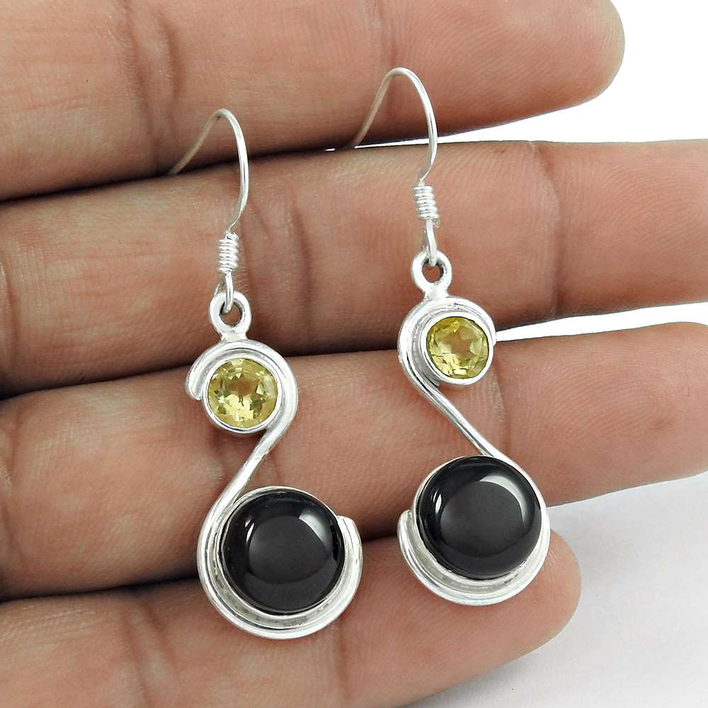925 Silver Jewellery Beautiful Black Onyx Lemon Topaz Gemstone Earrings