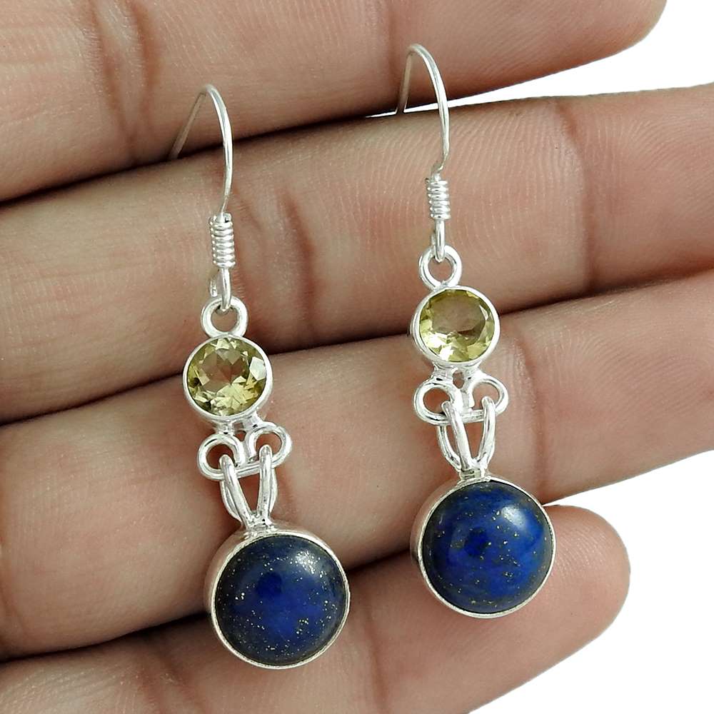 Natural Lapis Lazuli Dangle Vintage Earrings 925 Silver For Girls W42