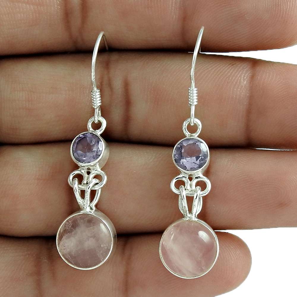 Natural Rose Quartz Dangle Ethnic Earrings 925 Silver For Women Y42