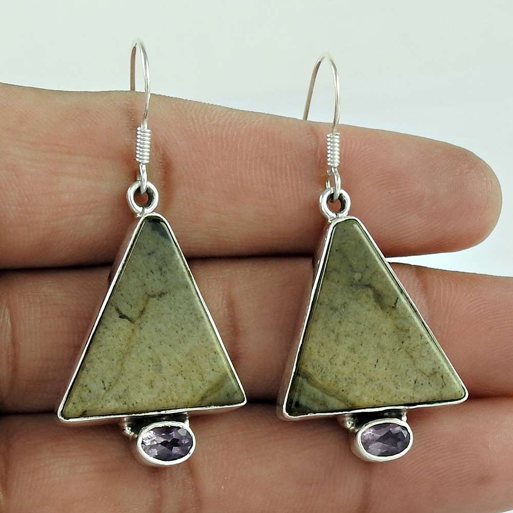 Natural Picture Jasper Dangle Bohemian Earrings 925 Silver For Girls B43