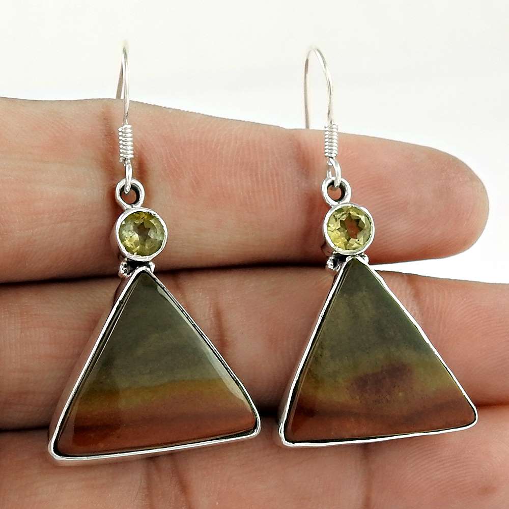 925 Sterling Silver Vintage Jewellery Beautiful Rhyolite Citrine Gemstone Earrings