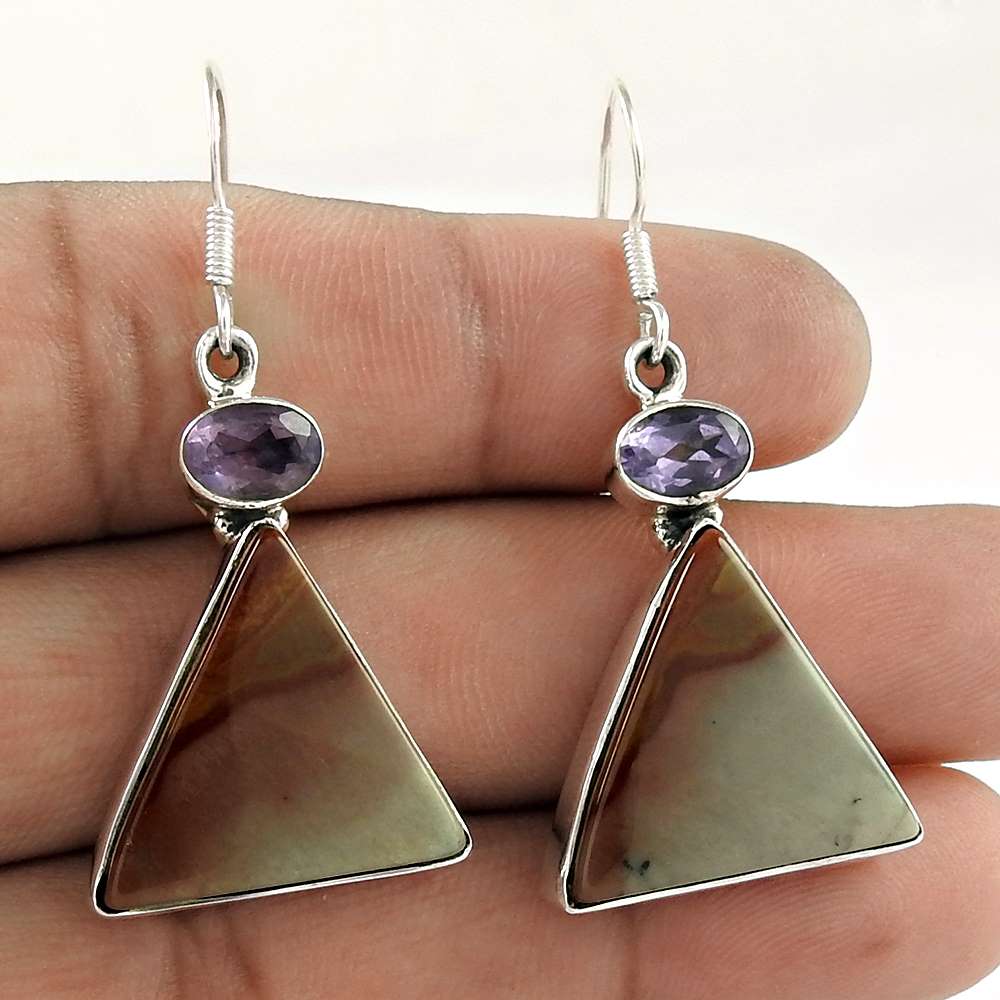 Sterling Silver Indian Jewellery High Polish Rhyolite Amethyst Gemstone Earrings