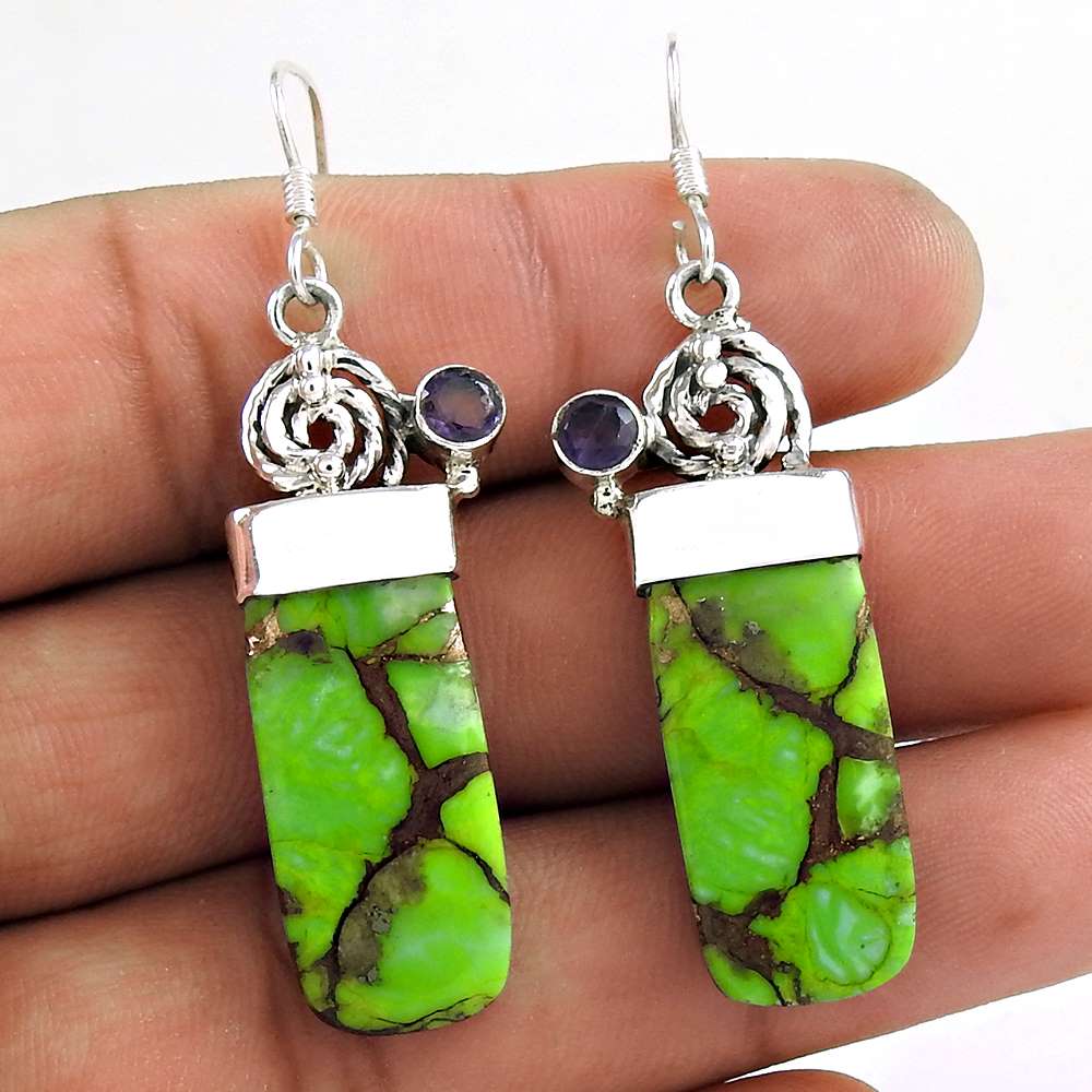 Natural Turquoise Gemstone Dangle Tribal Earrings 925 Sterling Silver O43