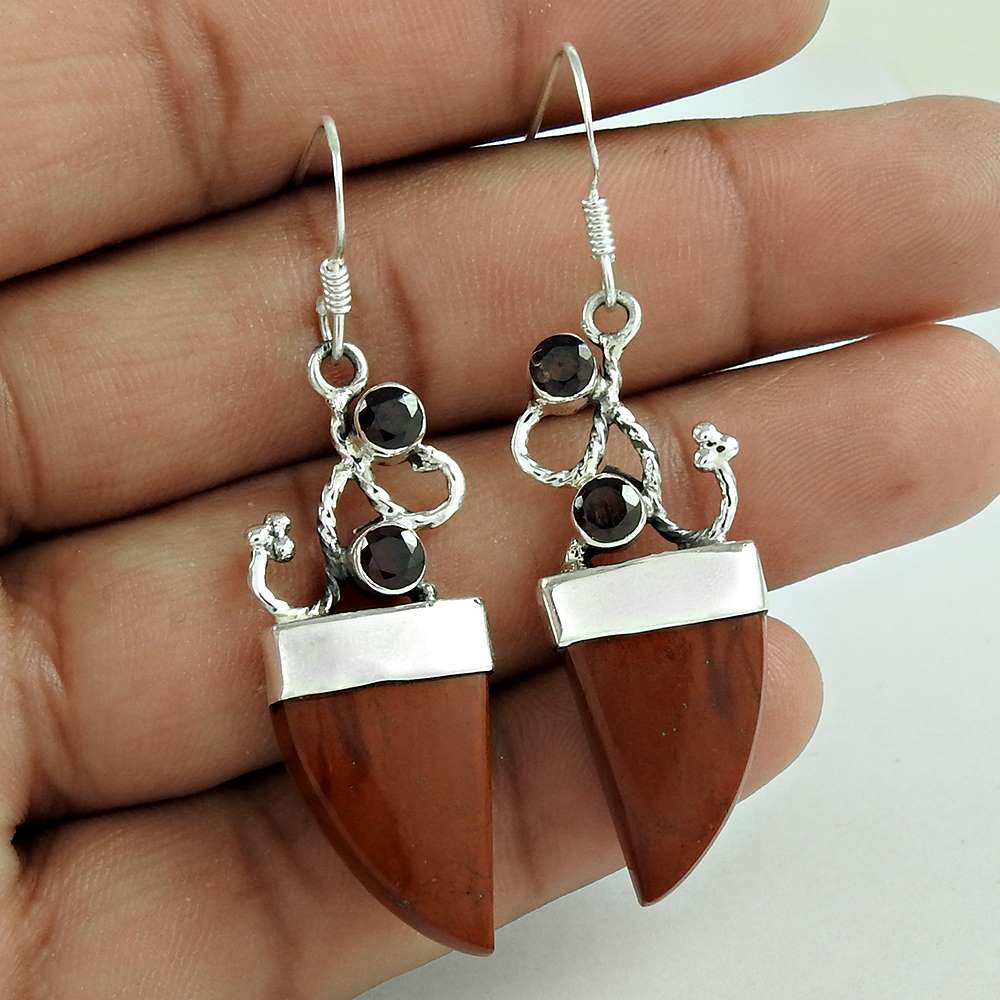 Birthday Gift For Her Natural Jasper Dangle Vintage Earrings 925 Silver D44