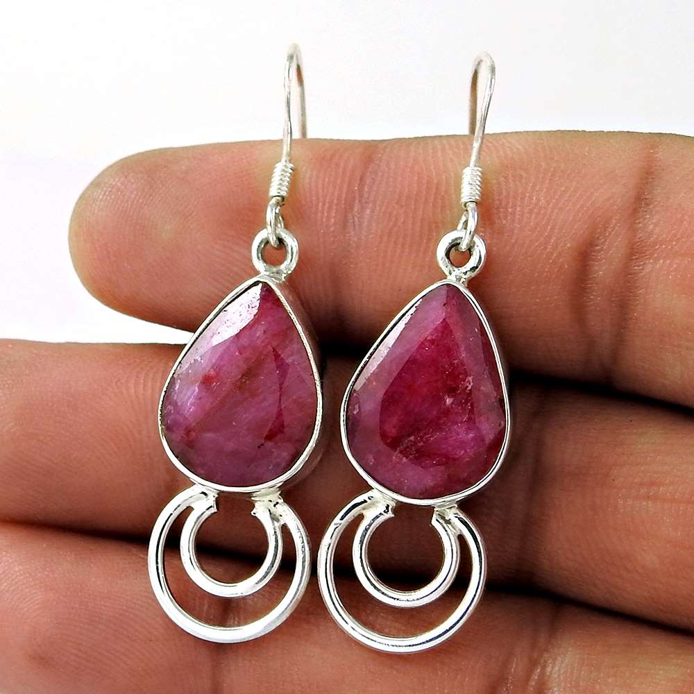 Natural Ruby Gemstone Dangle Vintage Earrings 925 Silver For Women Q4