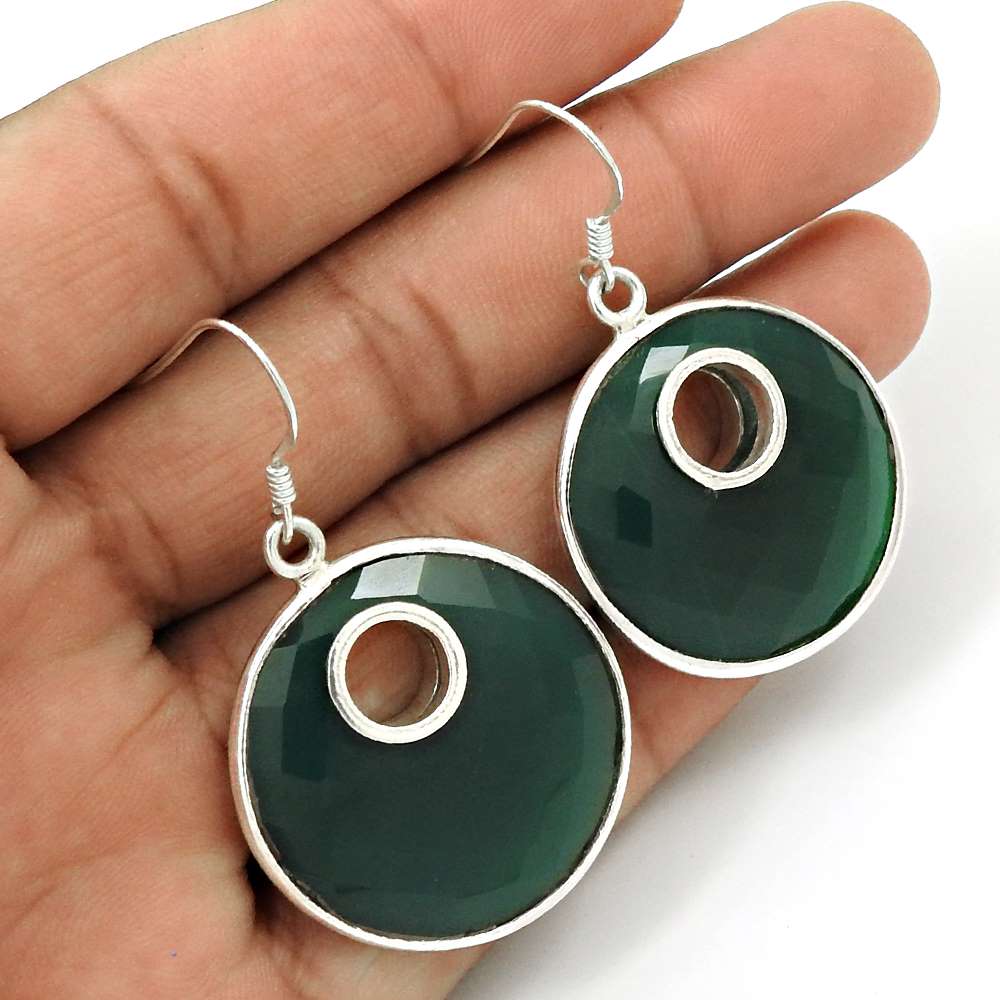 Gift For Her Natural Green Onyx Dangle Ethnic Earrings 925 Silver X44