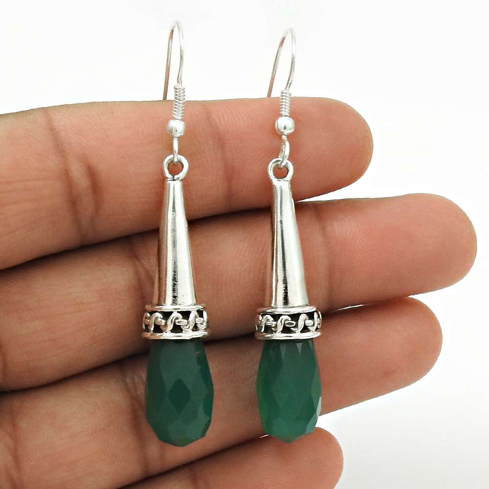 Gift For Women Dangle Briolette Earrings 925 Silver Natural Green Onyx J45