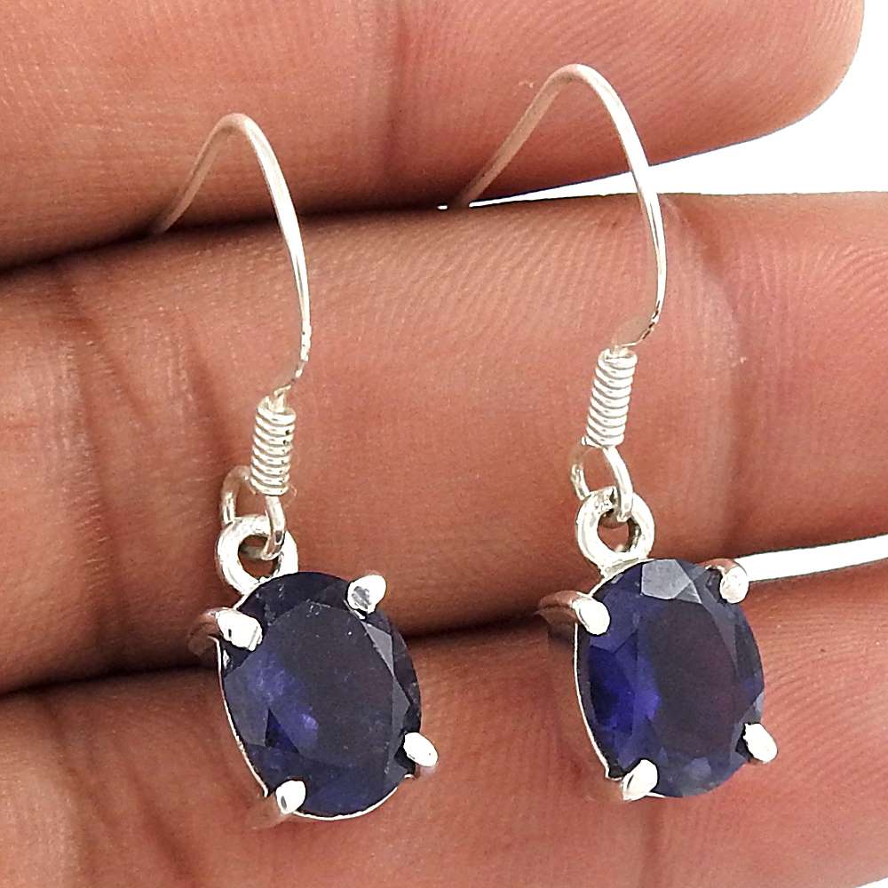 Wedding Gift For Her 925 Silver Natural Iolite Dangle Vintage Earrings H46