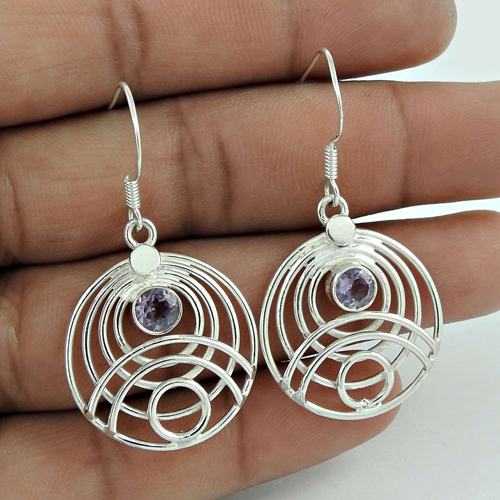 Natural Amethyst Gemstone Dangle Tribal Purple Earrings 925 Silver F48