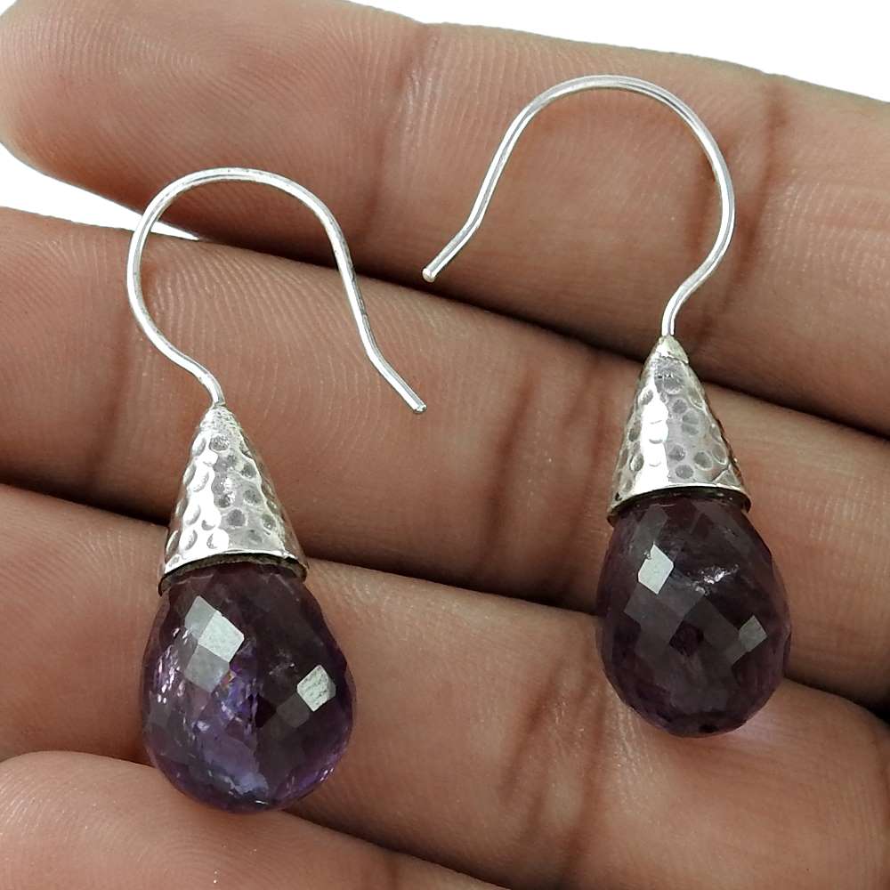 Natural Amethyst Gemstone Dangle Bohemian Earrings 925 Silver For Women H48