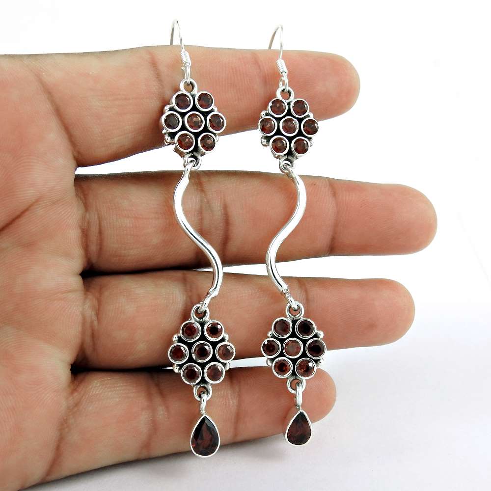 Natural Garnet Gemstone 925 Silver Dangle Bohemian Earrings For Girls J48